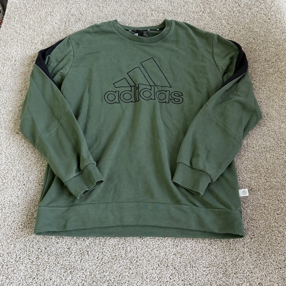 Adidas Sweatshirt Mens Large Green Knit Pullover Crewneck Logo Graphic Sports